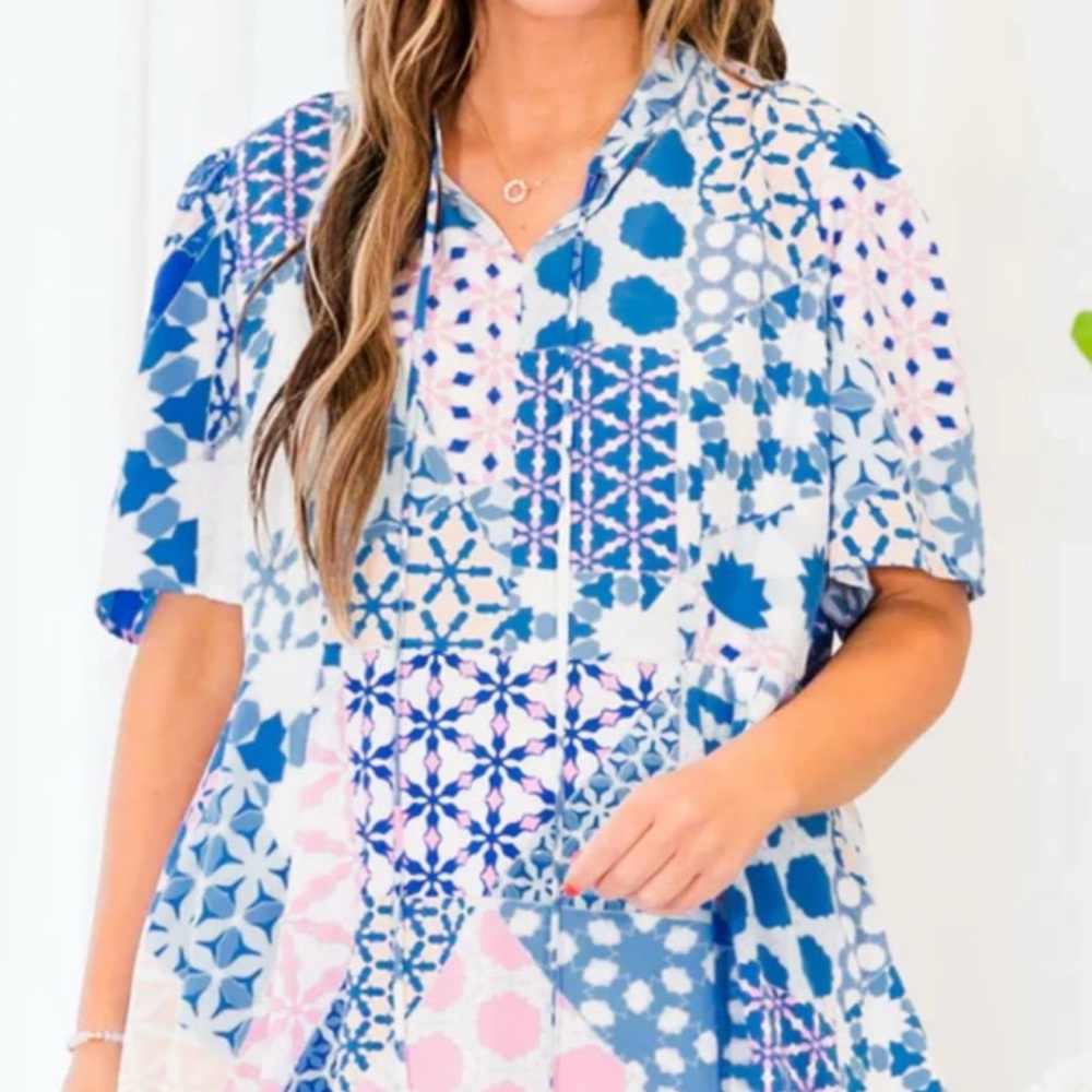 Chic Soul Blue and Pink Patterned Blouse